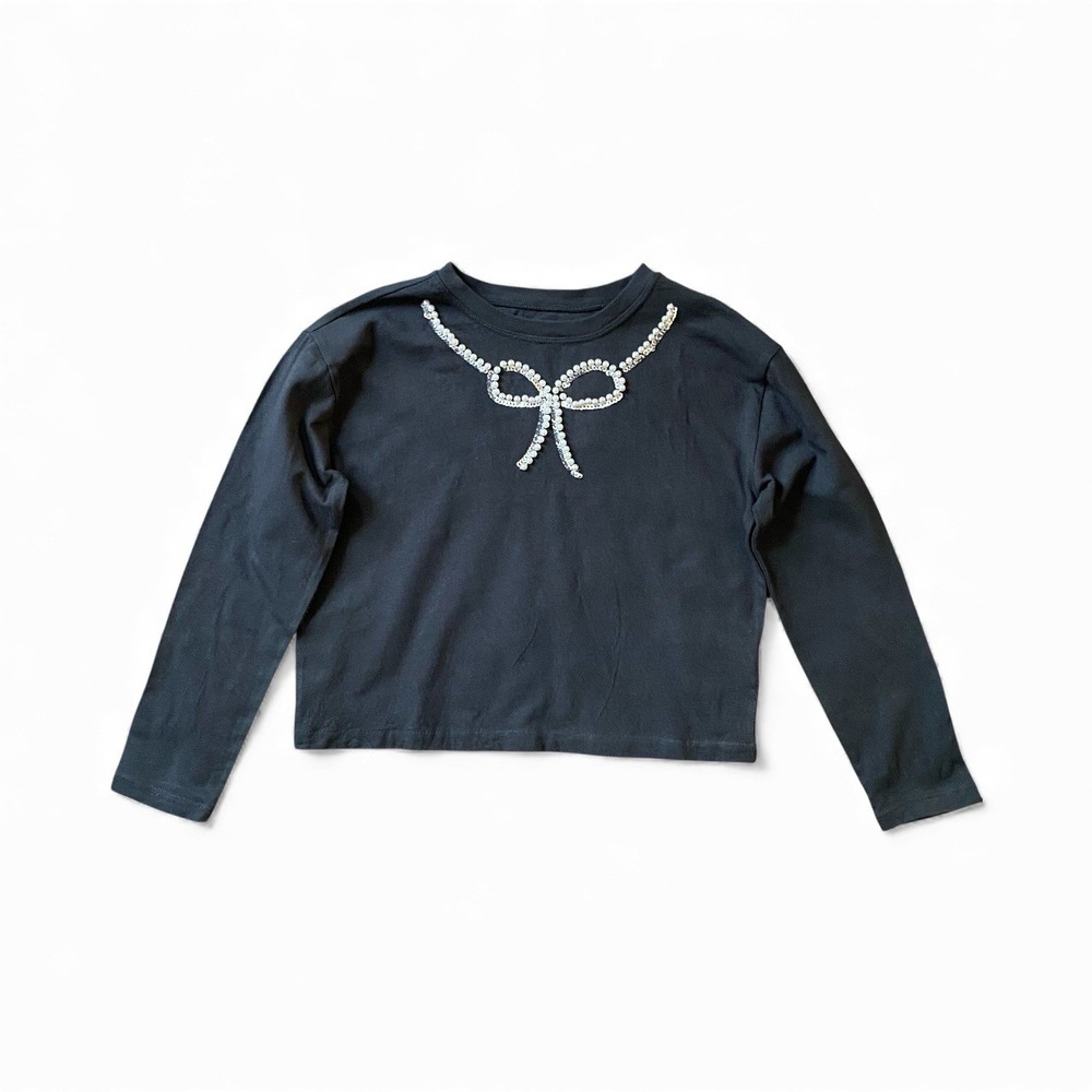 Crewcuts Embellished Beaded Top Long Sleeve S/6-7 Gray Cotton Everyday Holiday